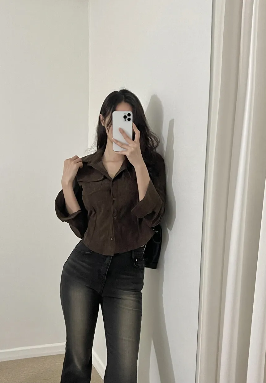 カラーネックスリムコーデュロイブラウス | yefit | 詳細画像1