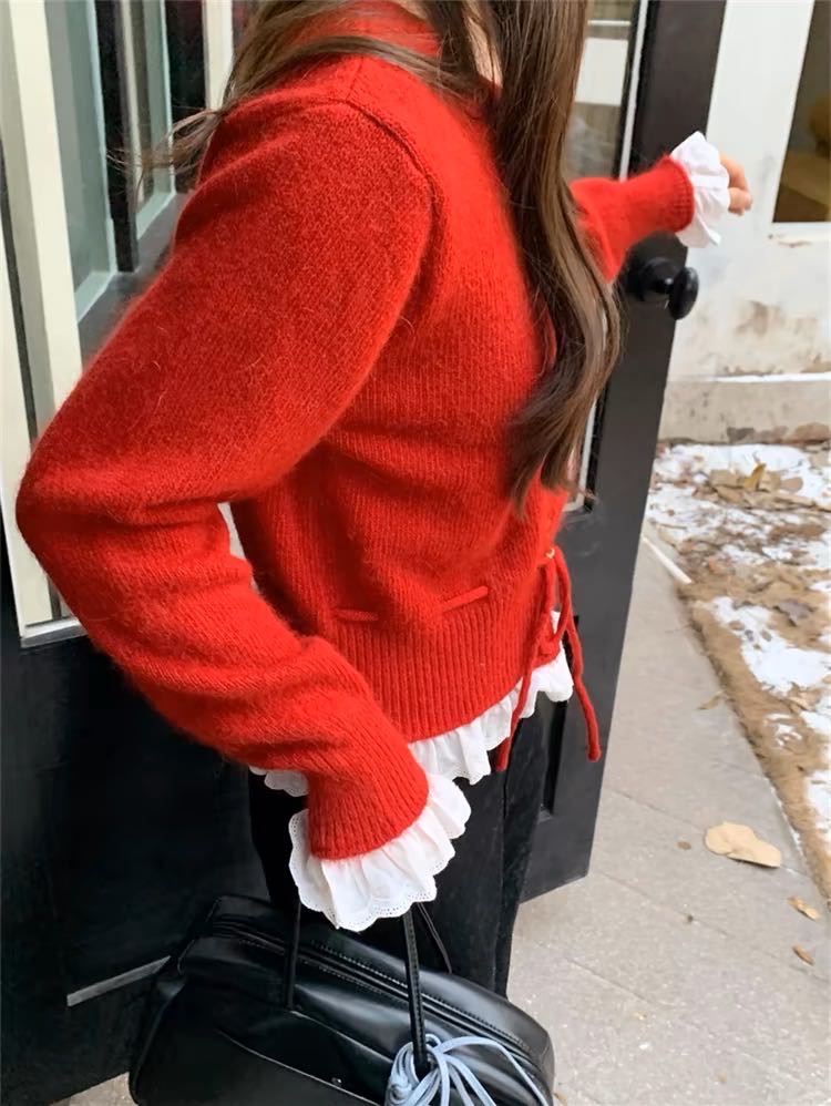 ウール混フリルレースヘムドロストニットカーディガン | レディース