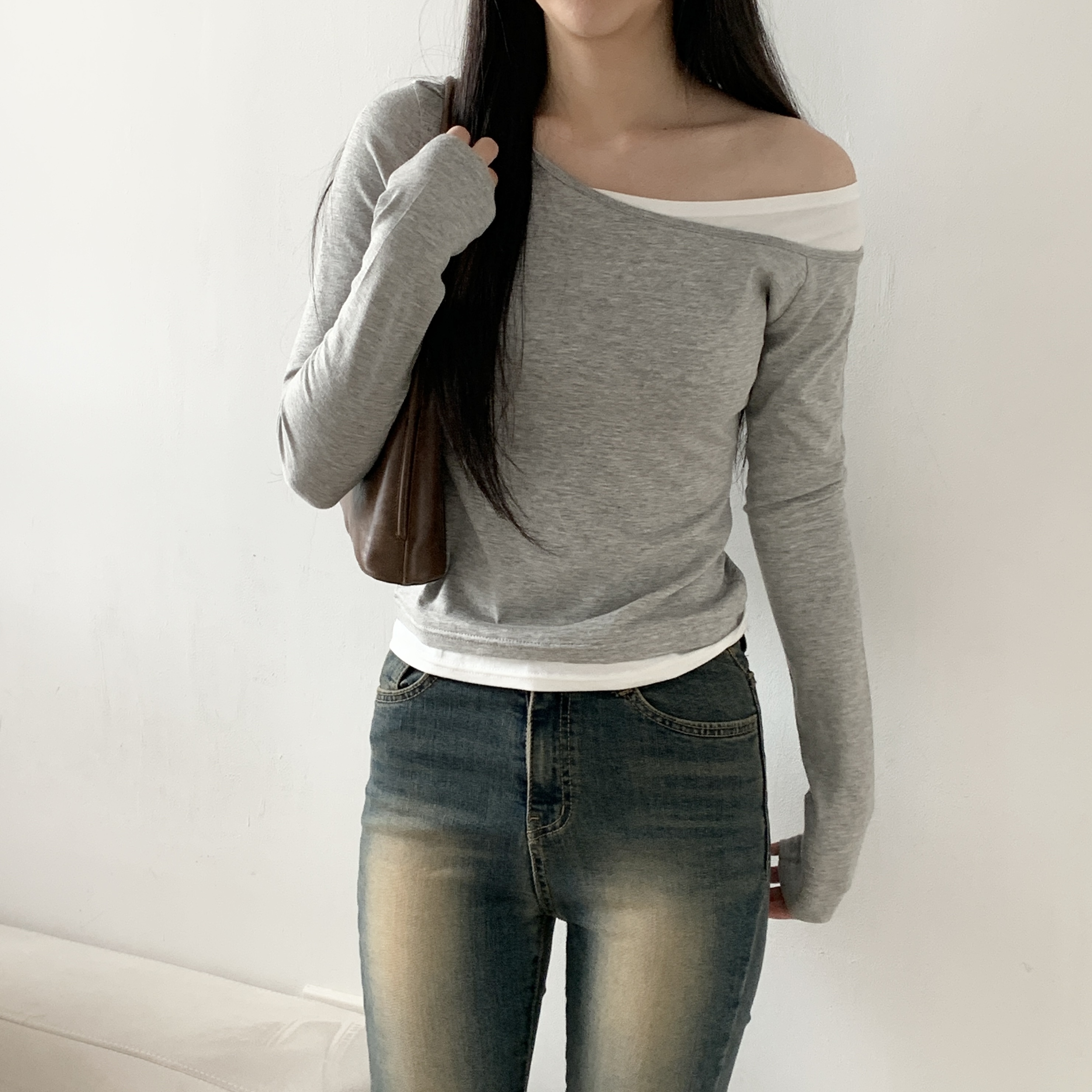 モダール混配色ワンショルダーTシャツ | 詳細画像11