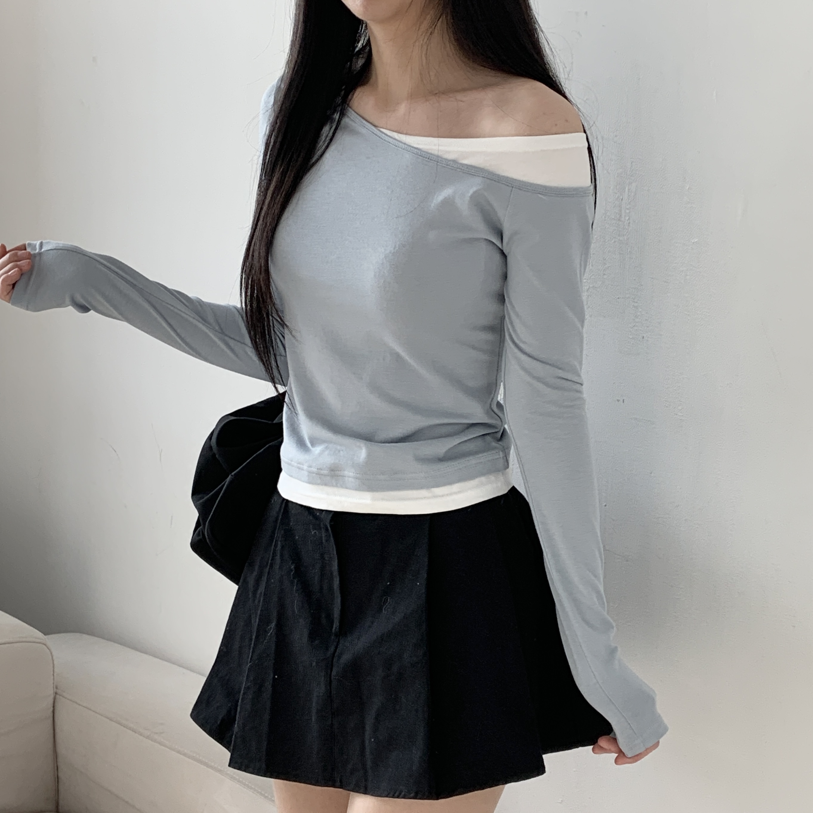 モダール混配色ワンショルダーTシャツ | 詳細画像14