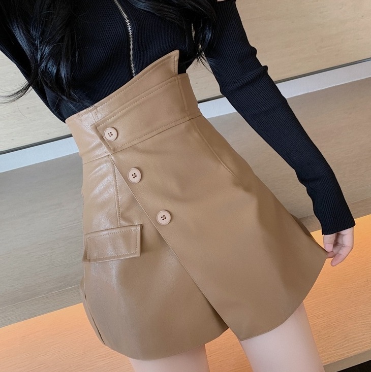 レザー調ハイウエストボタンキュロットショートパンツ | 詳細画像13