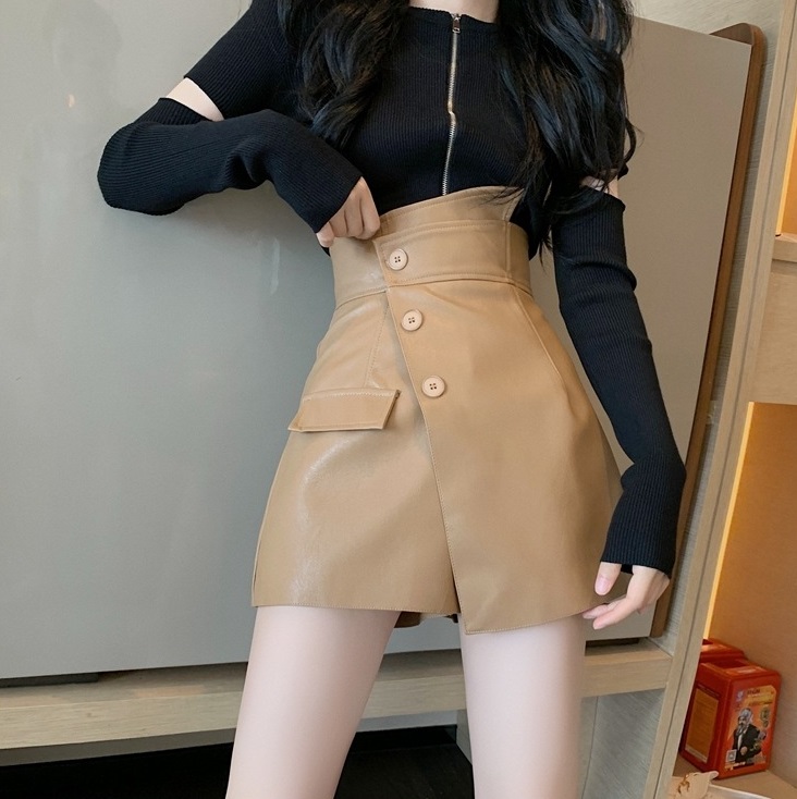 レザー調ハイウエストボタンキュロットショートパンツ | 詳細画像14