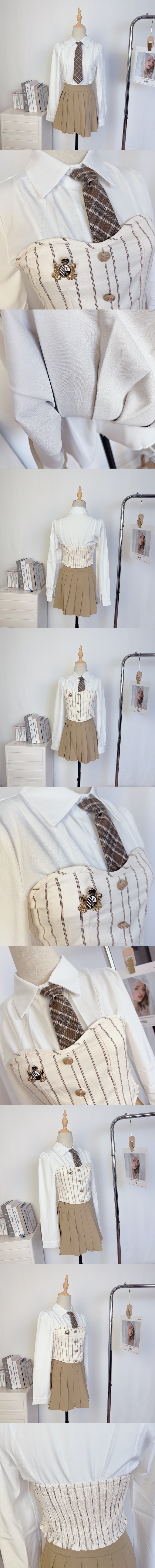 ブローチ&ネクタイ付シャツ&ストライプビスチェ&プリーツスカート3SET | 詳細画像16