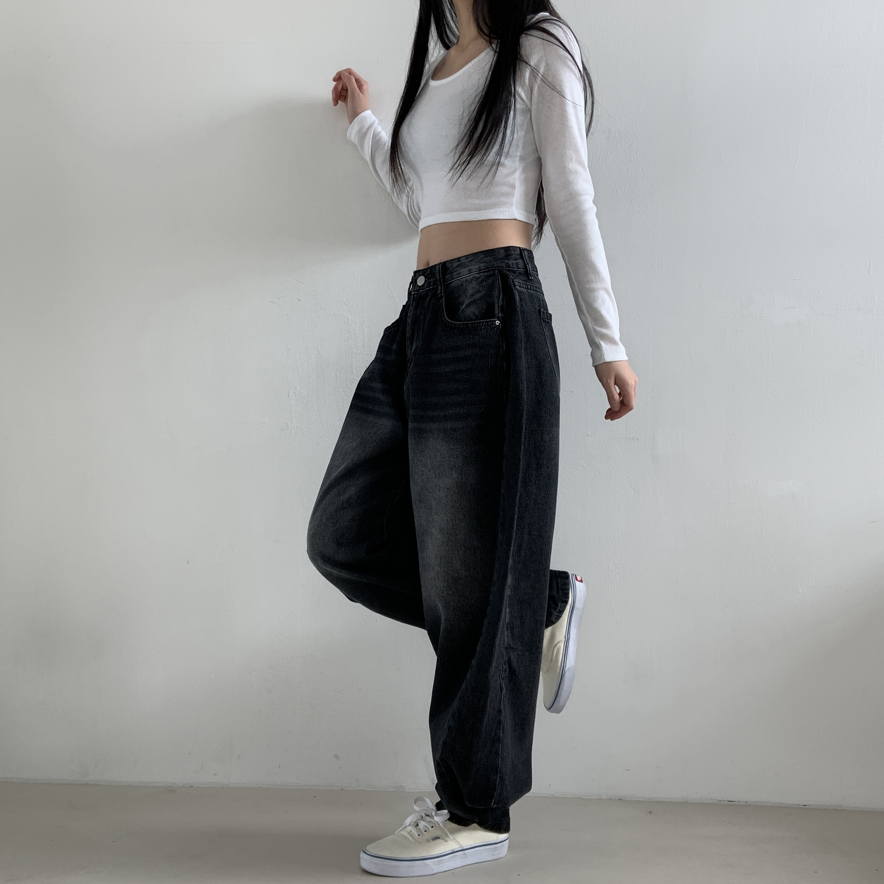 サイドタックボタンヘムワイドデニムパンツ(ブラックデニム) | 詳細画像14