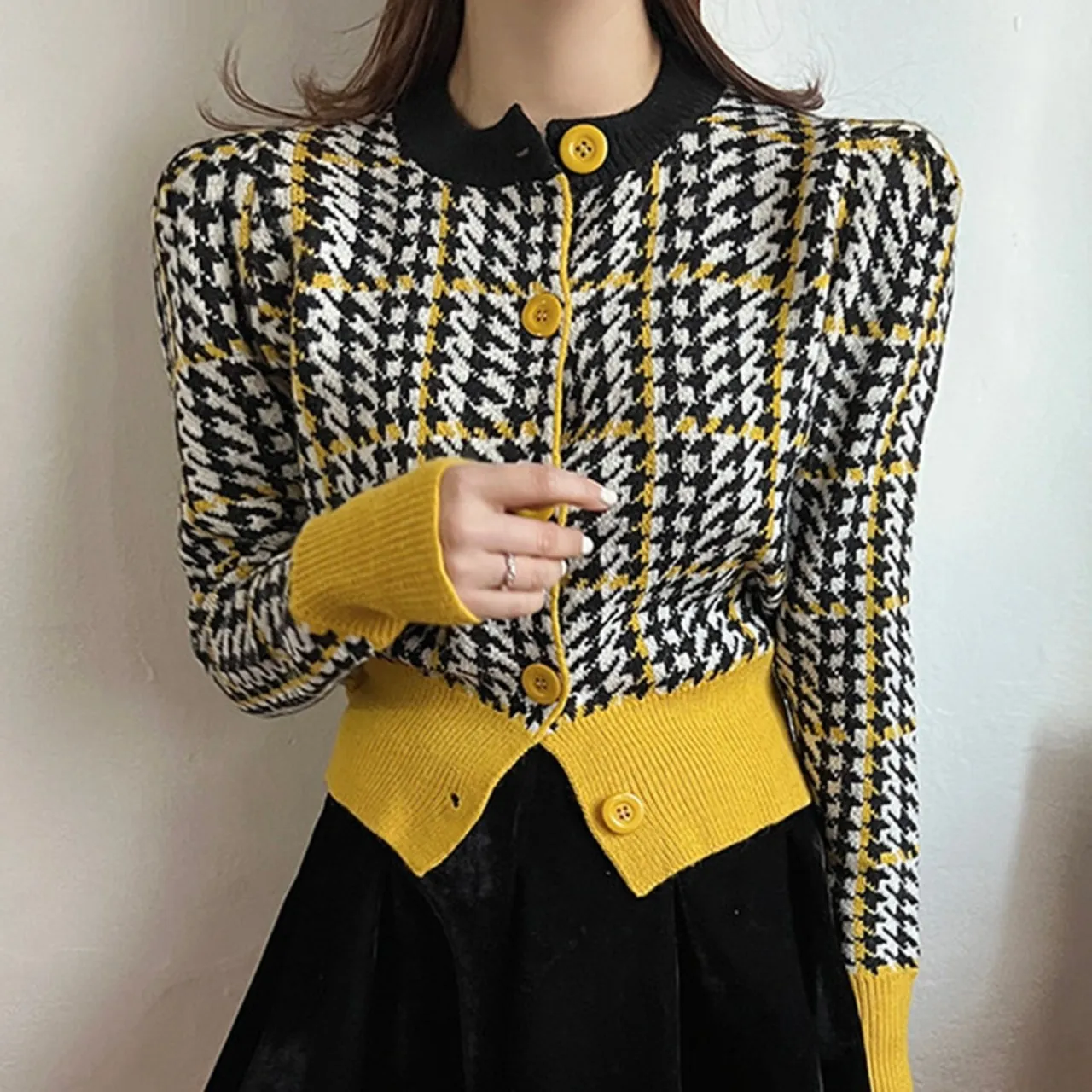 配色パフハウンドトゥースカーディガン | 詳細画像1