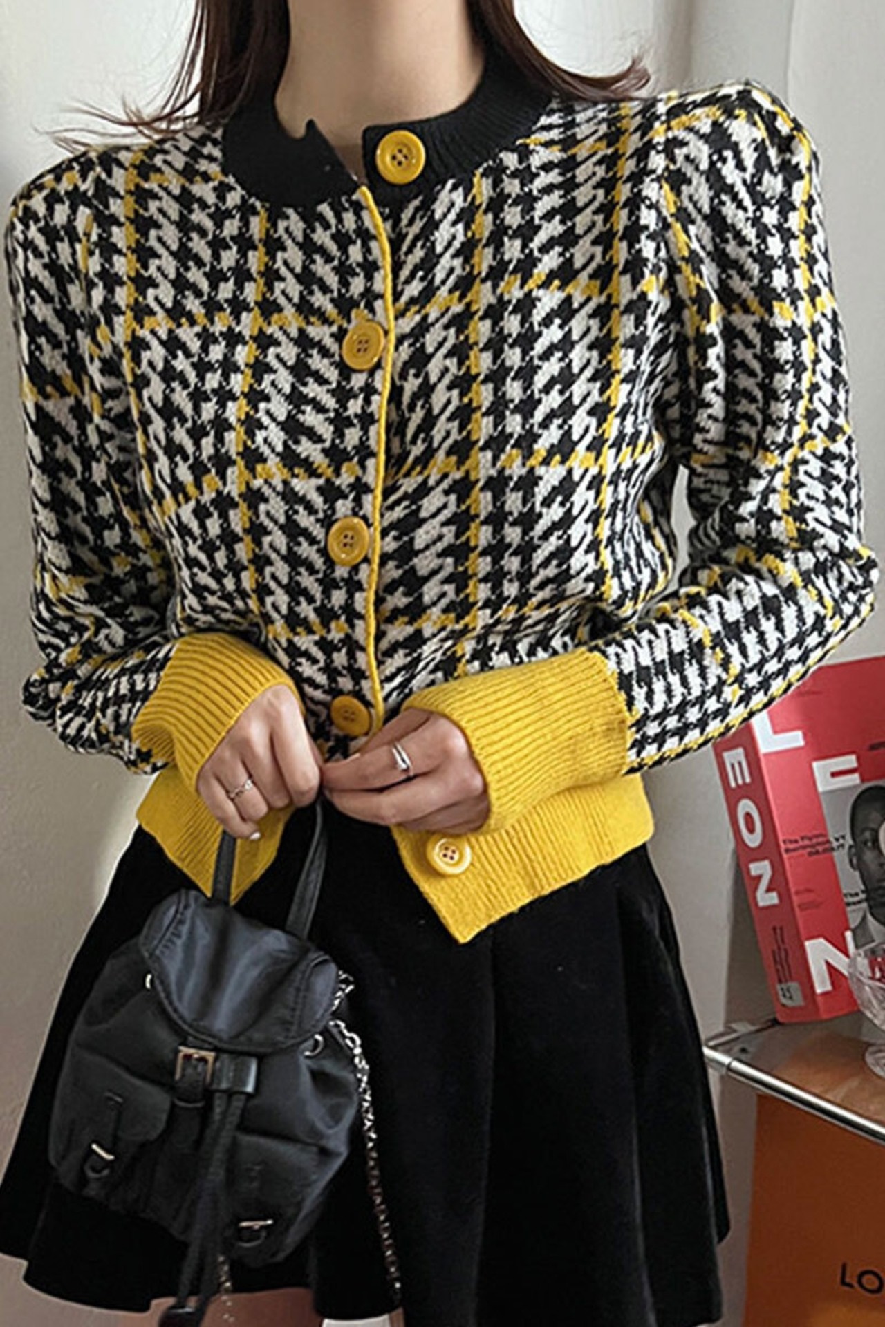 配色パフハウンドトゥースカーディガン | 詳細画像2