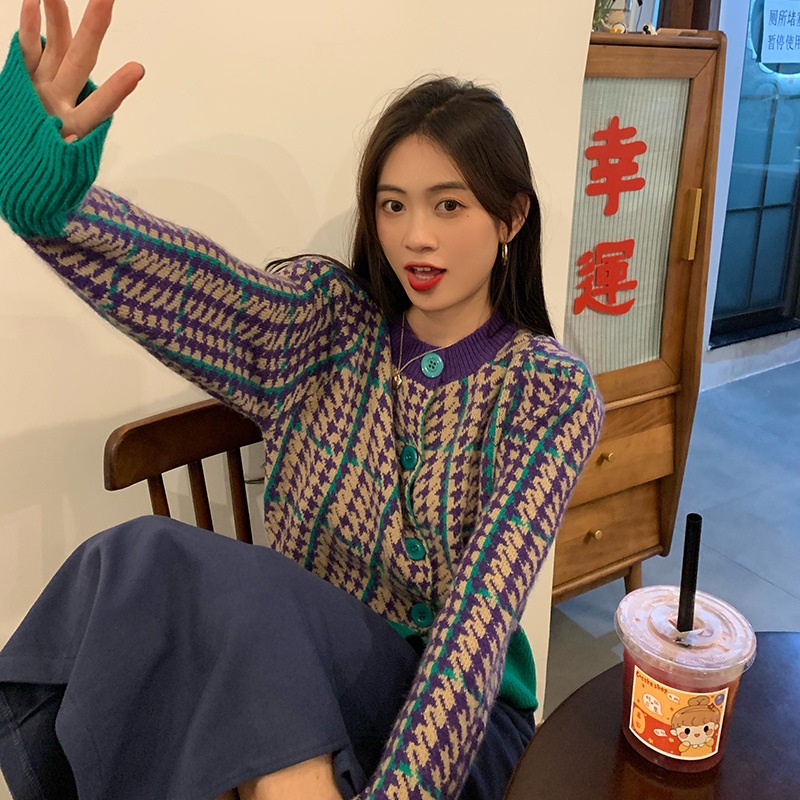 配色パフハウンドトゥースカーディガン | 詳細画像3