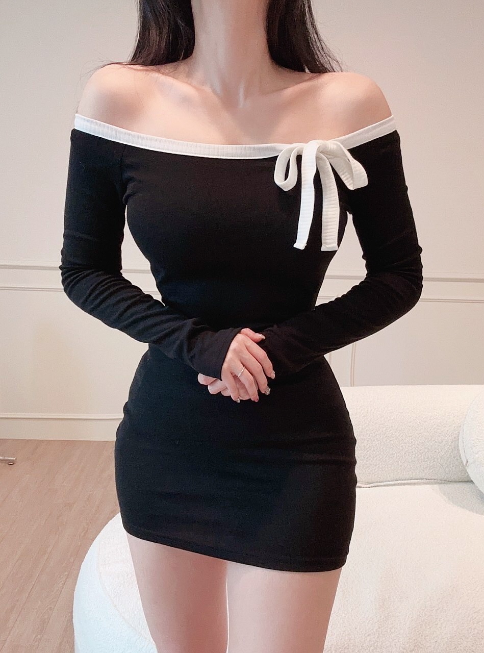 fupel ワンショルネックリボンポンチミニワンピース one-shoulder neck ribbon punch mini onepiece /ワンショル