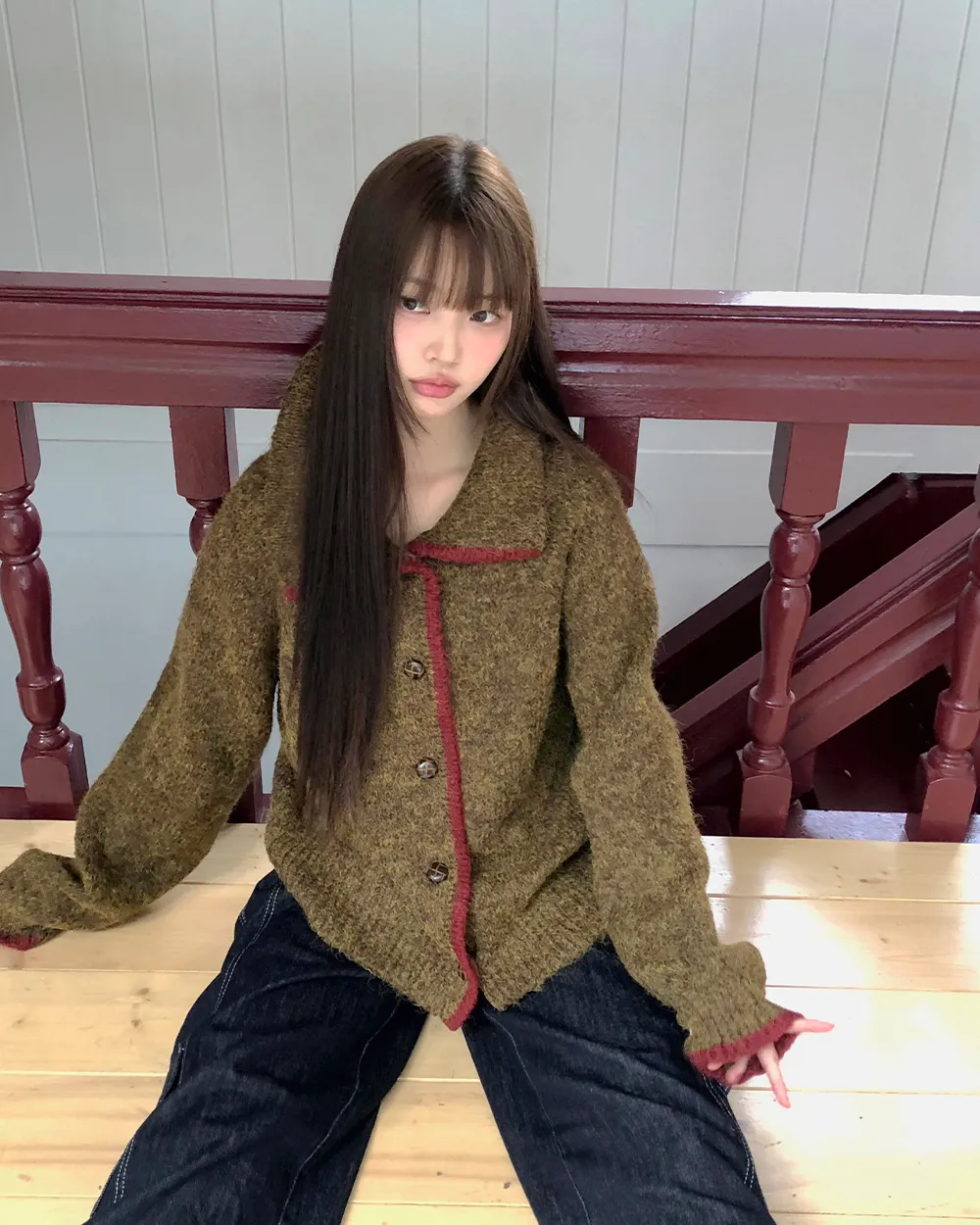 配色カラーネックルーズニットカーディガン | WONDERWONDER | 詳細画像1