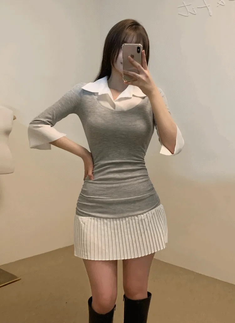 シャツプリーツ7分袖ドッキングミニワンピース | Soo&Fit | 詳細画像1