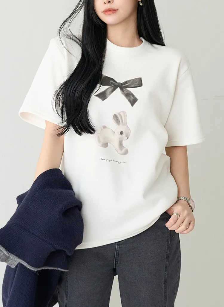 裏起毛リボンラビットプリント半袖Tシャツ | pippin | 詳細画像1