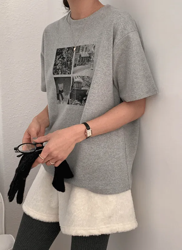 ピーチ起毛モノクロプリント半袖Tシャツ | crushj | 詳細画像1