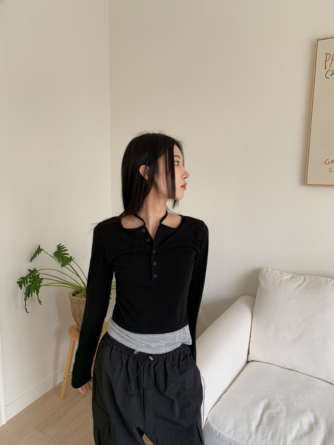 配色レイヤード風リボンボタンネックTシャツ | 詳細画像5