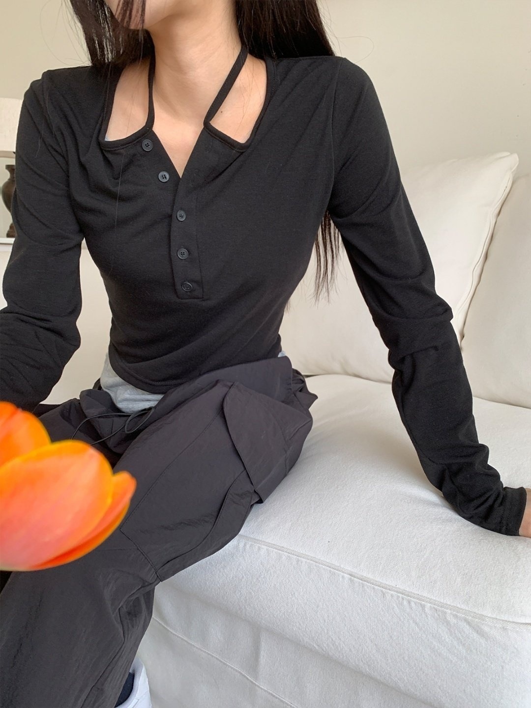配色レイヤード風リボンボタンネックTシャツ | 詳細画像15