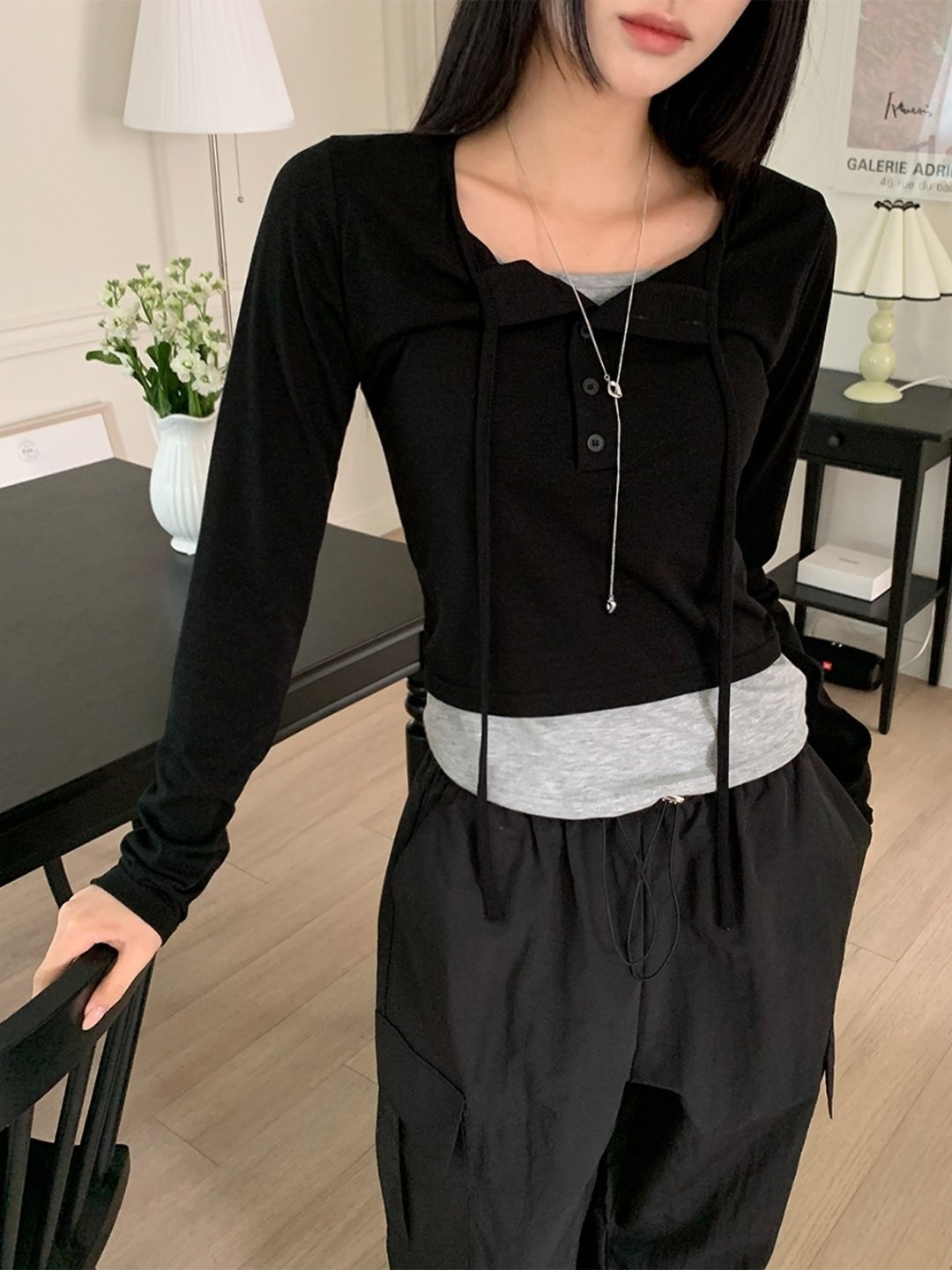 配色レイヤード風リボンボタンネックTシャツ | 詳細画像16