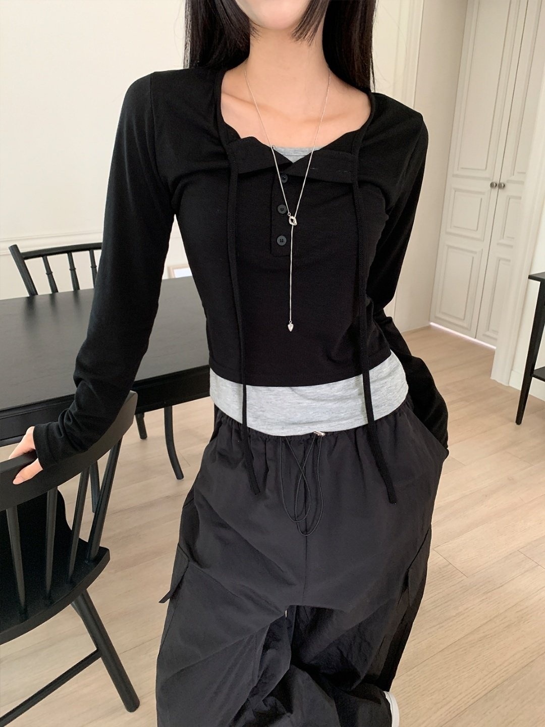 配色レイヤード風リボンボタンネックTシャツ | 詳細画像20
