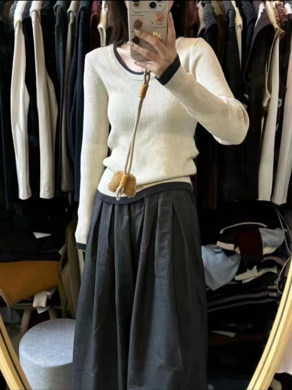 配色レイヤード風Uネックリブニット | 詳細画像5