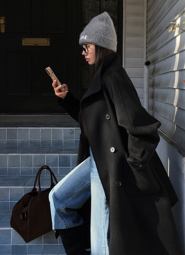 beidelli made]ストラップ付ウールスタンドカラーボクシーコート