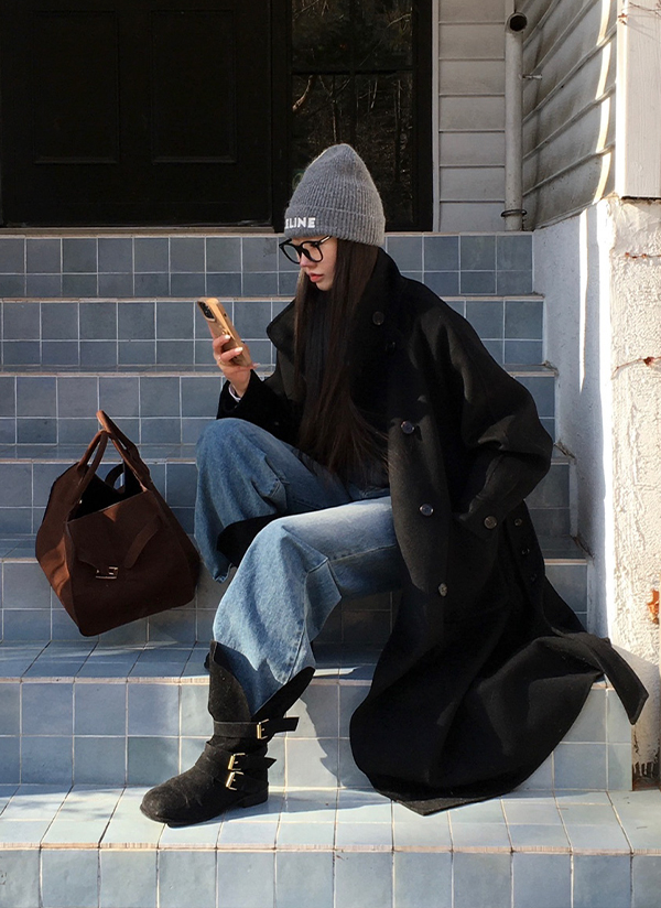 beidelli made]ストラップ付ウールスタンドカラーボクシーコート