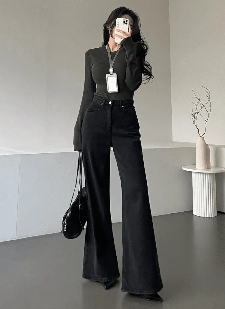 裏起毛ハイウエストロングワイドブラックデニムパンツ | ganadaran | 詳細画像1