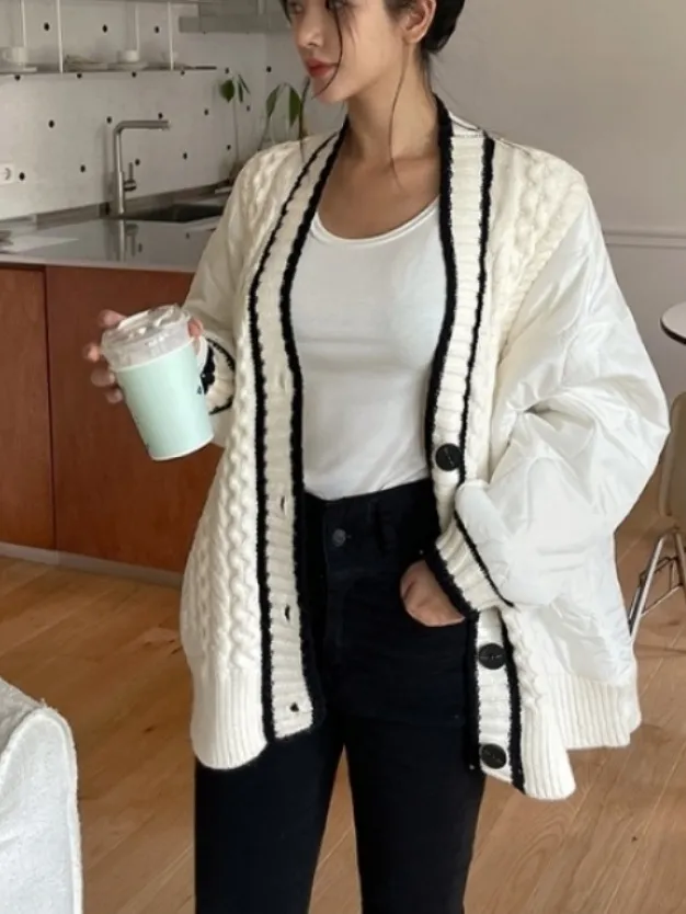 キルティング配色Vネックケーブルカーディガン | 詳細画像1