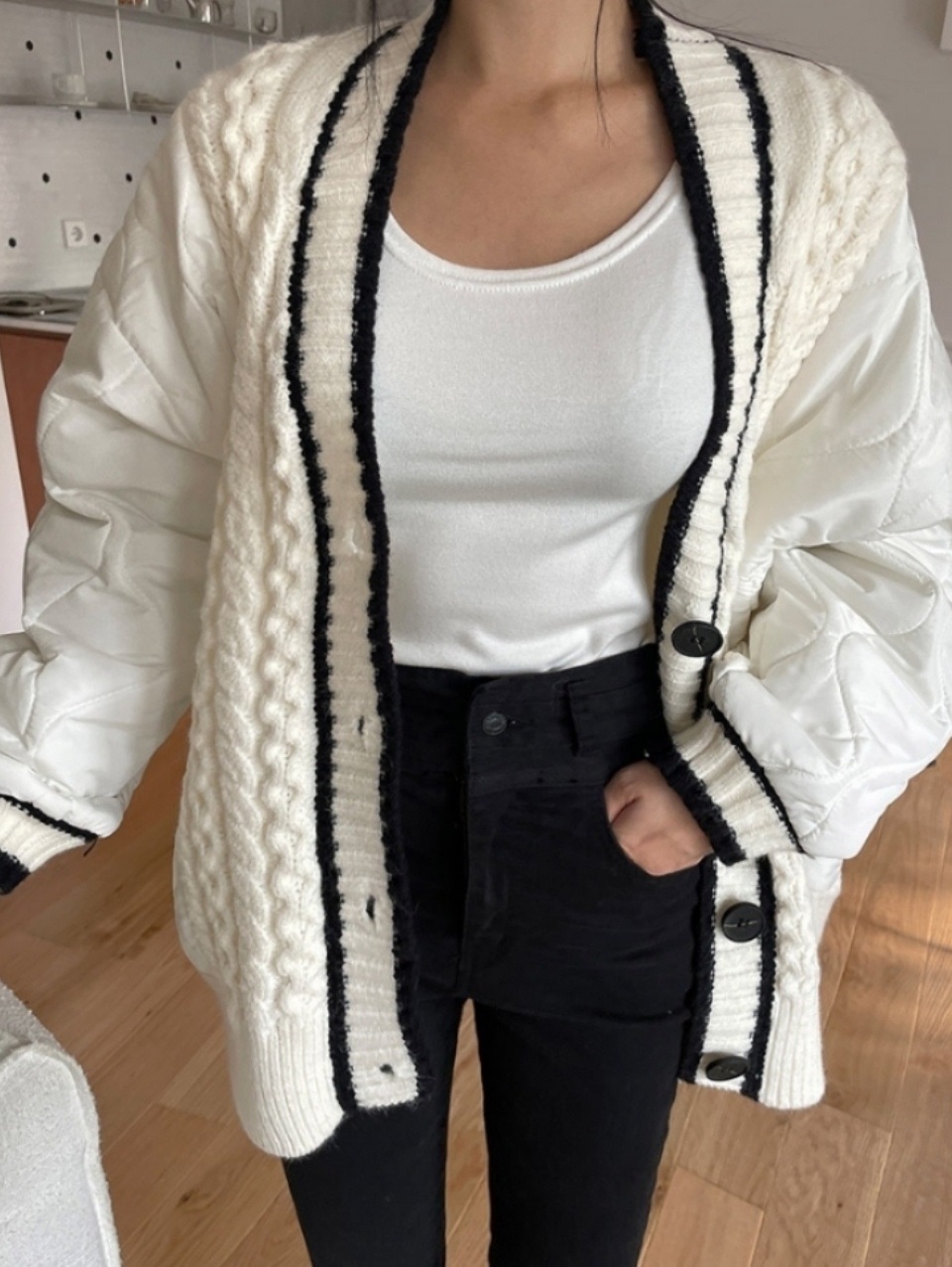 キルティング配色Vネックケーブルカーディガン | 詳細画像2