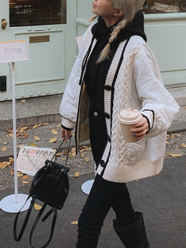 キルティング配色Vネックケーブルカーディガン | 詳細画像5