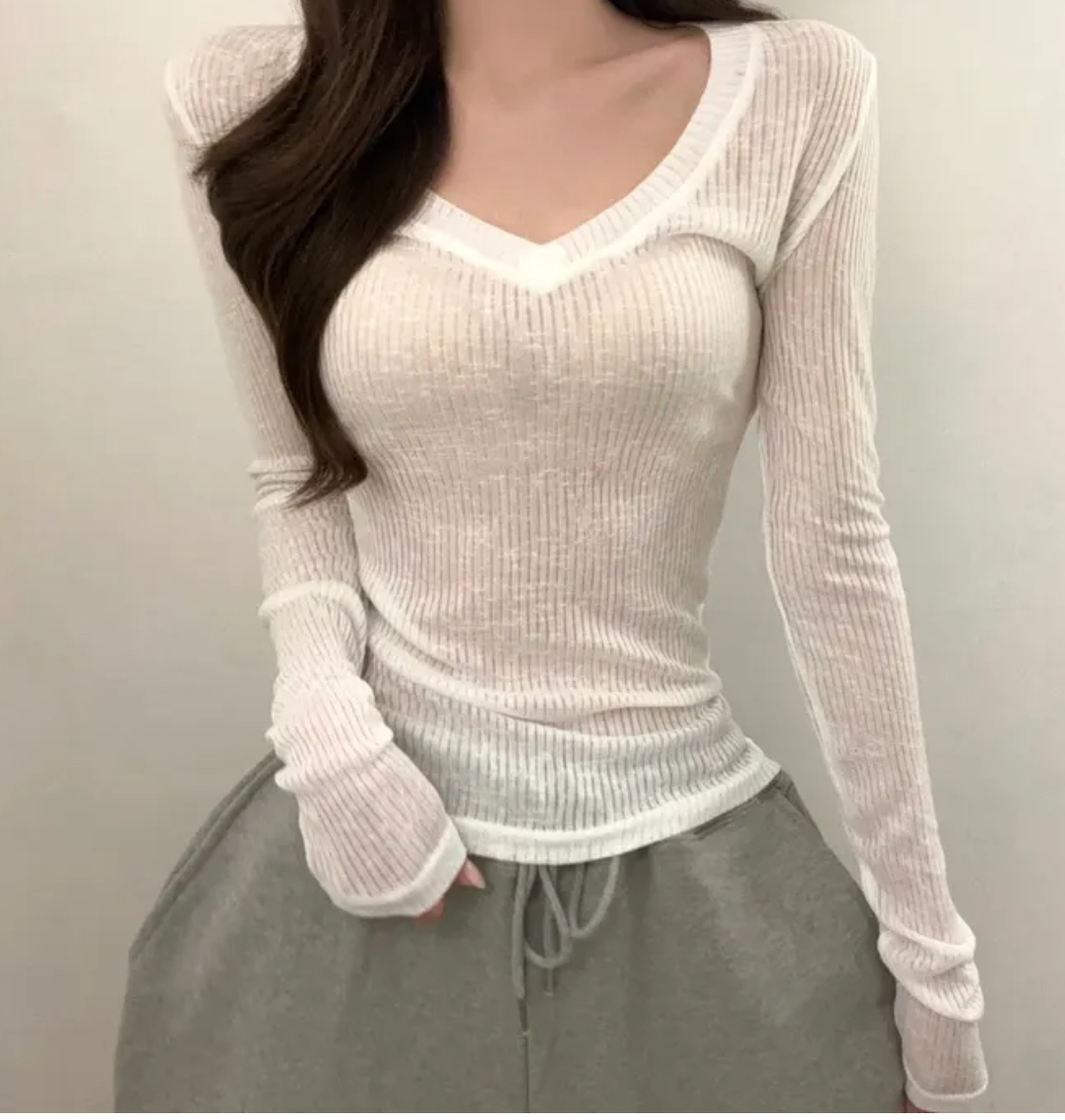 VネックシースルーリブTシャツ | 詳細画像6