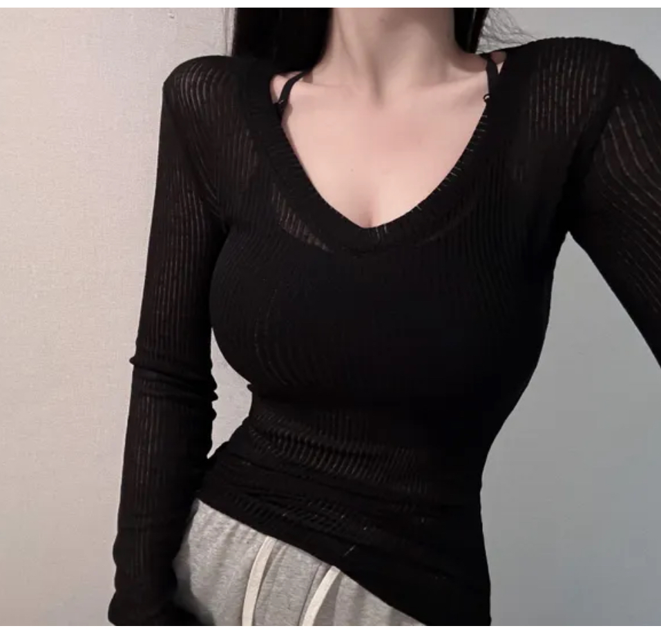 VネックシースルーリブTシャツ | 詳細画像10
