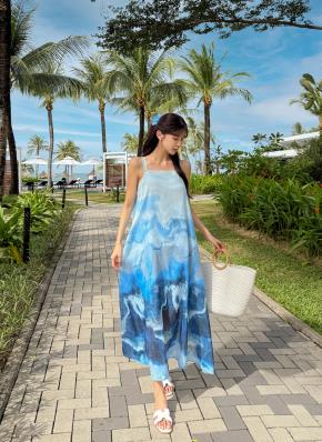 シクラス　コットンシルク　バイカラー　シャーリング　スカイブルー　ワンピース シクラス コットンシルク バイカラー シャーリング スカイブルー