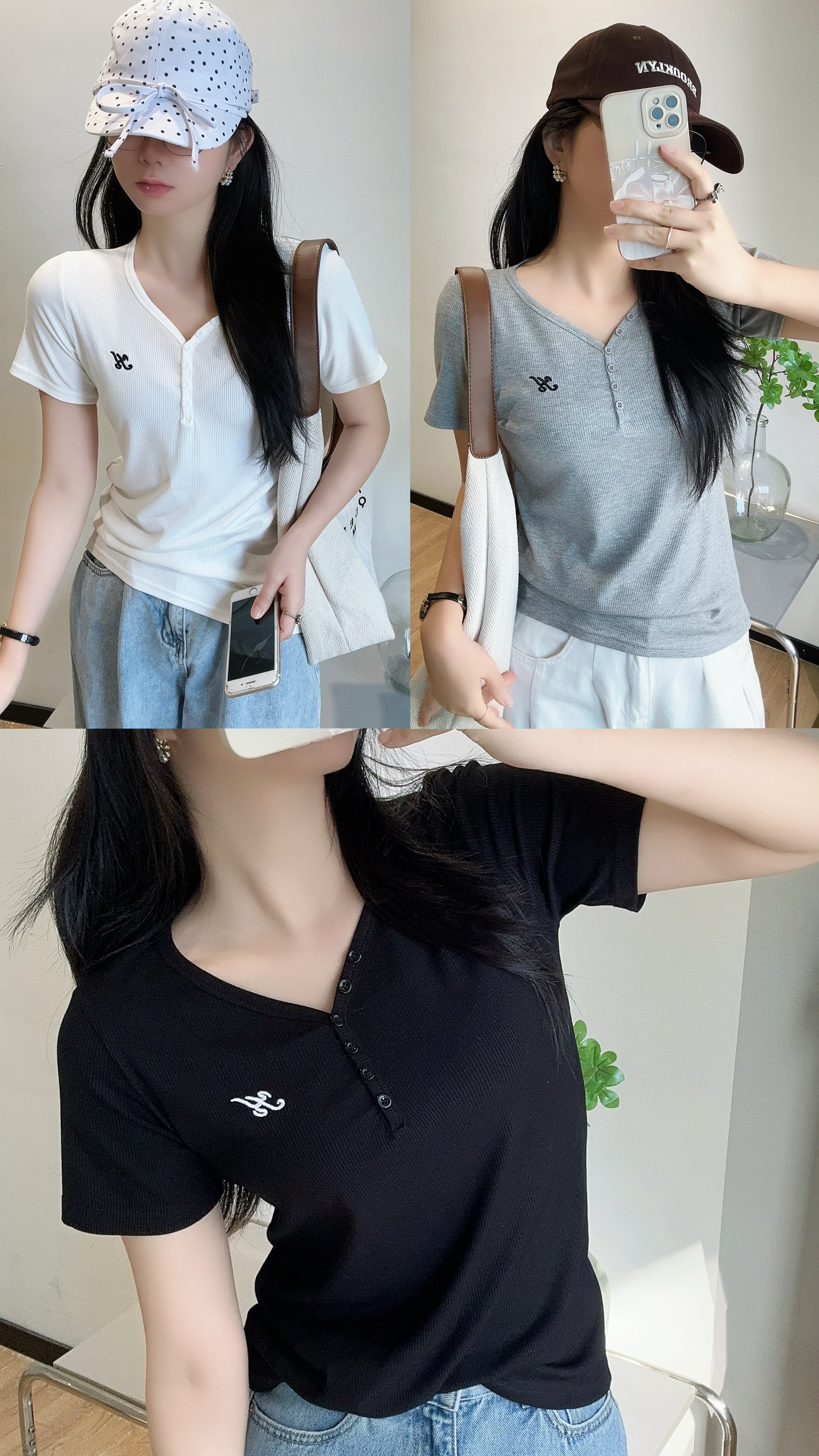 刺繍ロゴボタンVネックリブ半袖Tシャツ | 詳細画像18