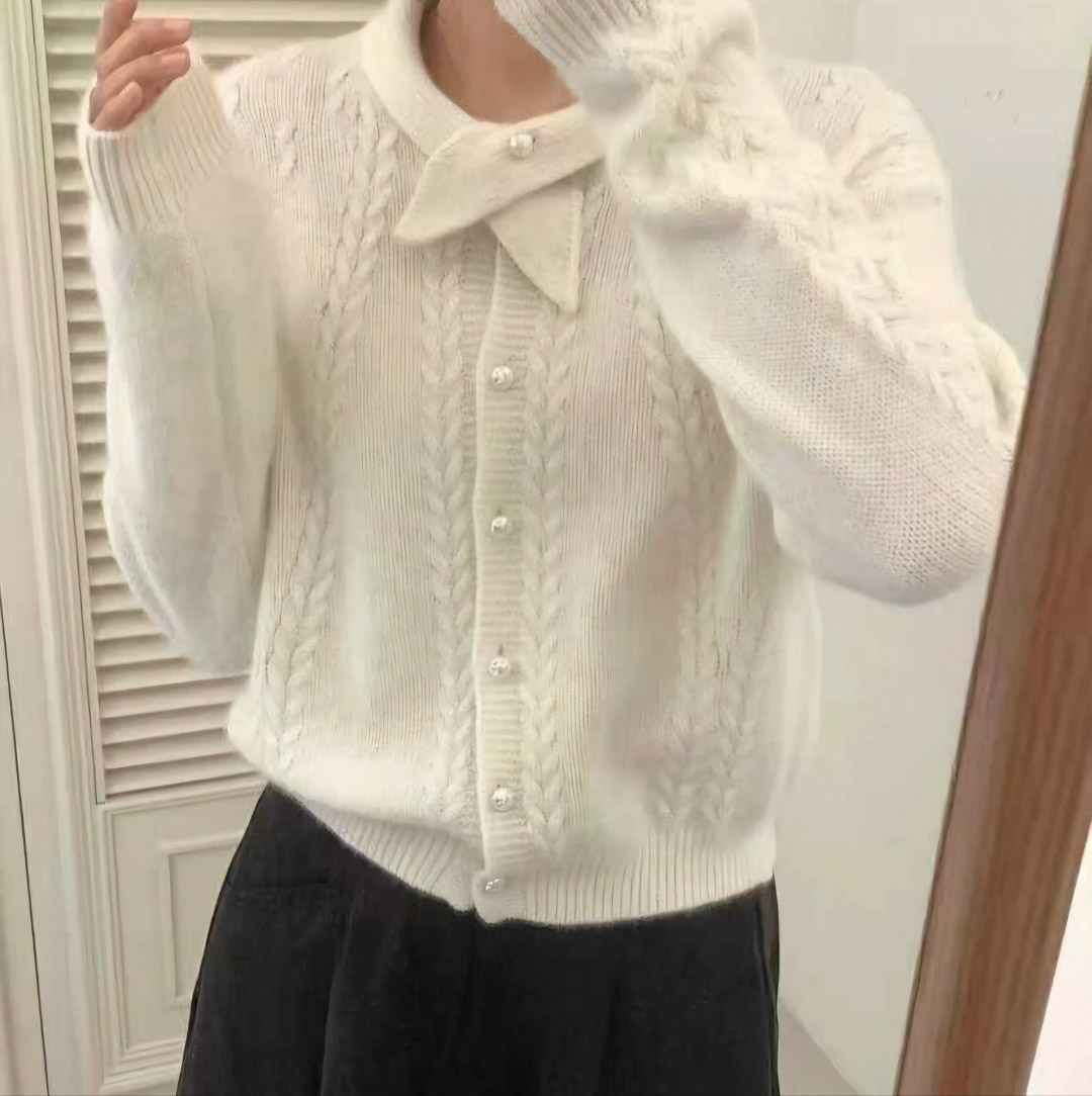 ラクーン混パール調ボタンクロスネックケーブルカーディガン | 詳細画像3