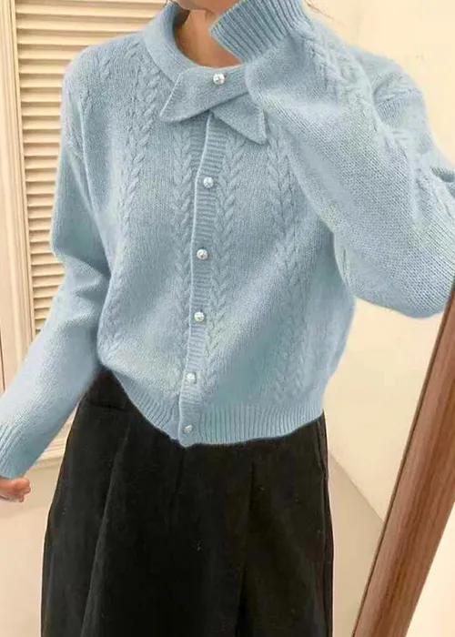 ラクーン混パール調ボタンクロスネックケーブルカーディガン | 詳細画像1