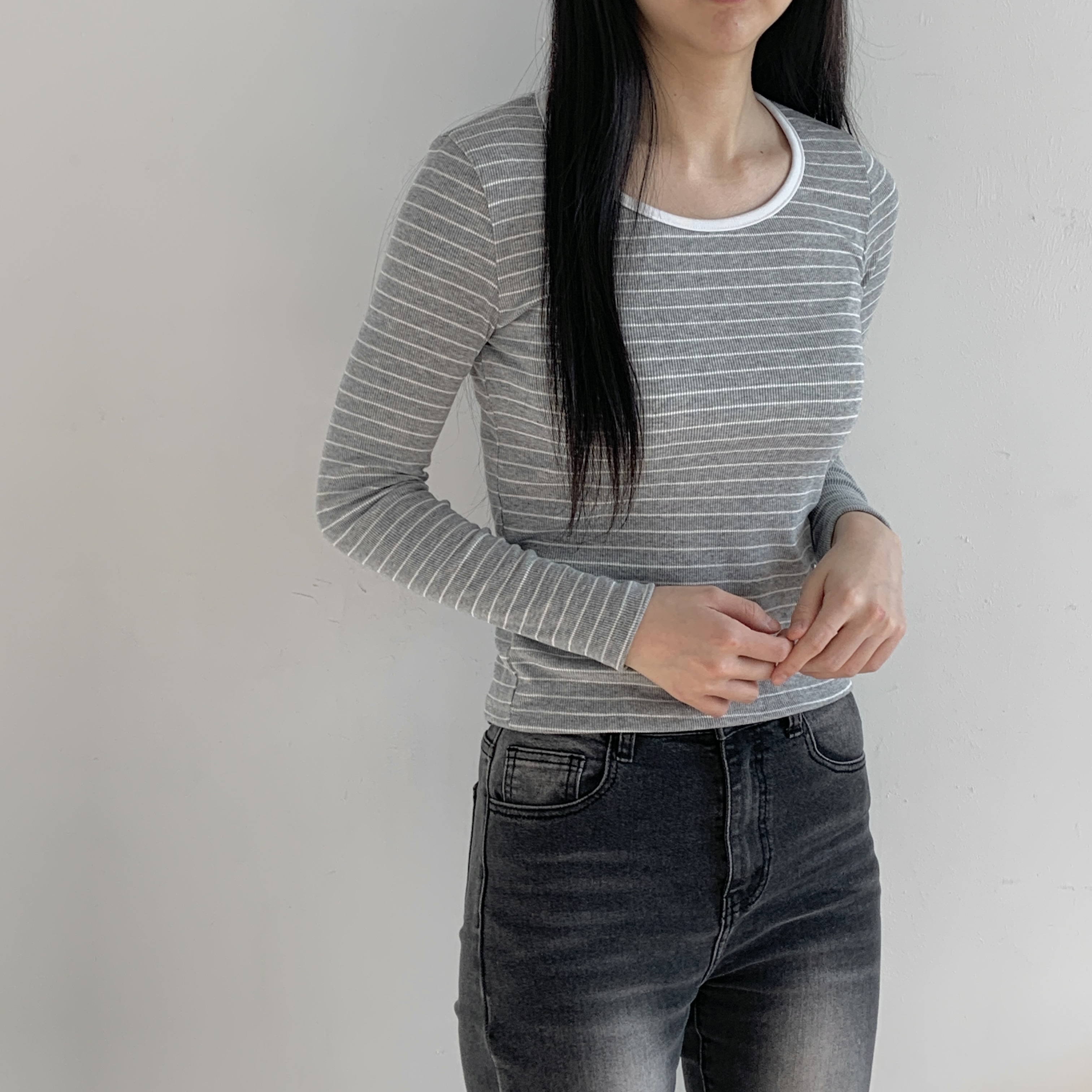 配色ラウンドネックボーダーリブTシャツ | 詳細画像7