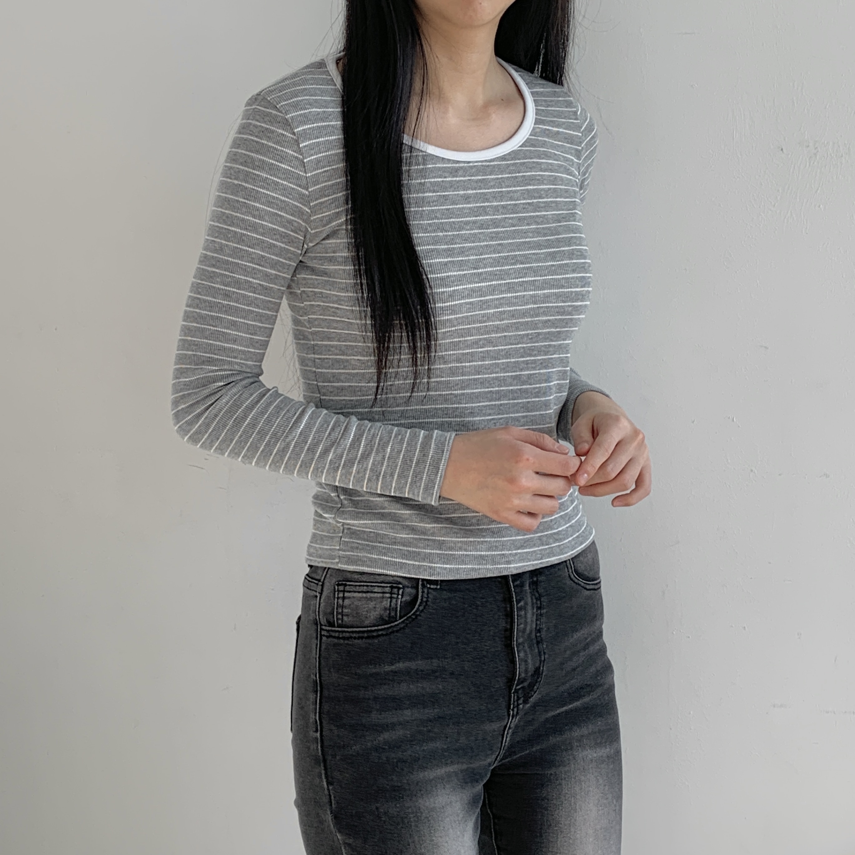 配色ラウンドネックボーダーリブTシャツ | 詳細画像10