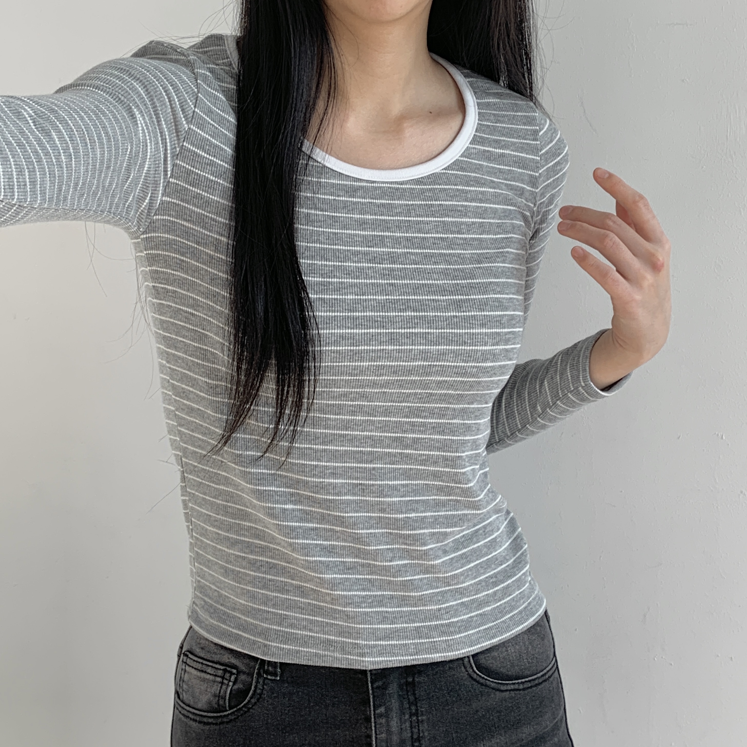 配色ラウンドネックボーダーリブTシャツ | 詳細画像11