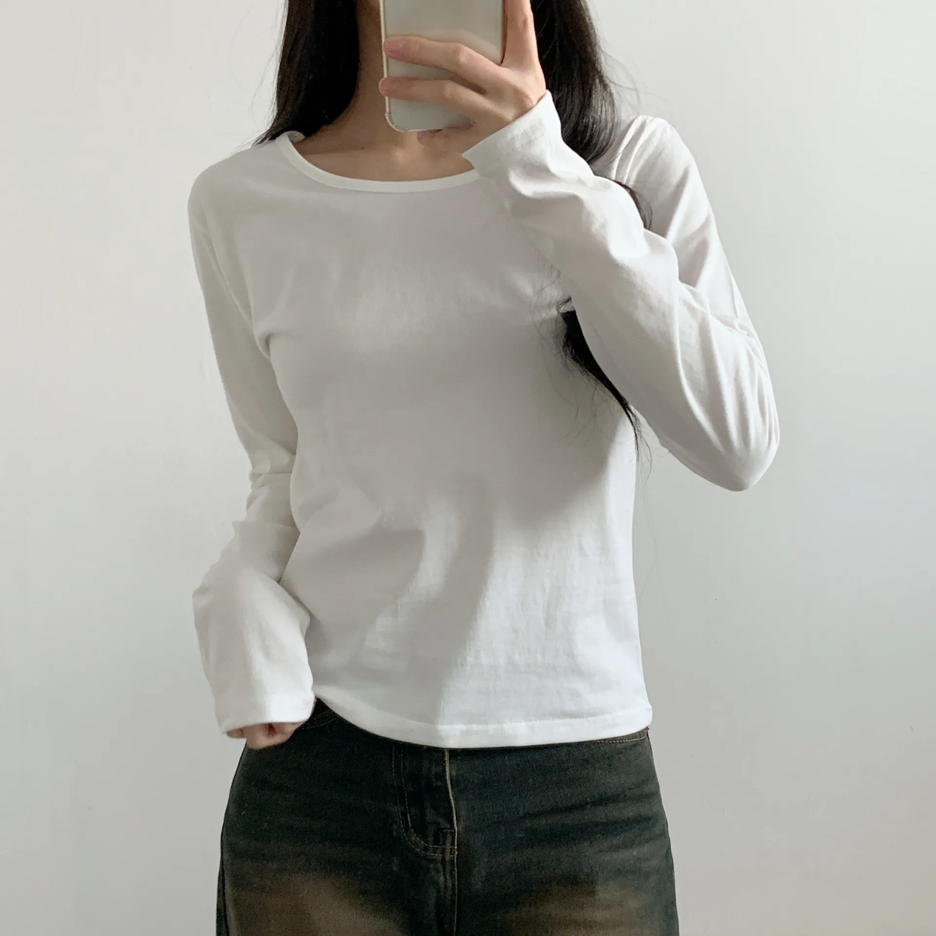 ラウンドネック長袖コットンTシャツ | 詳細画像1