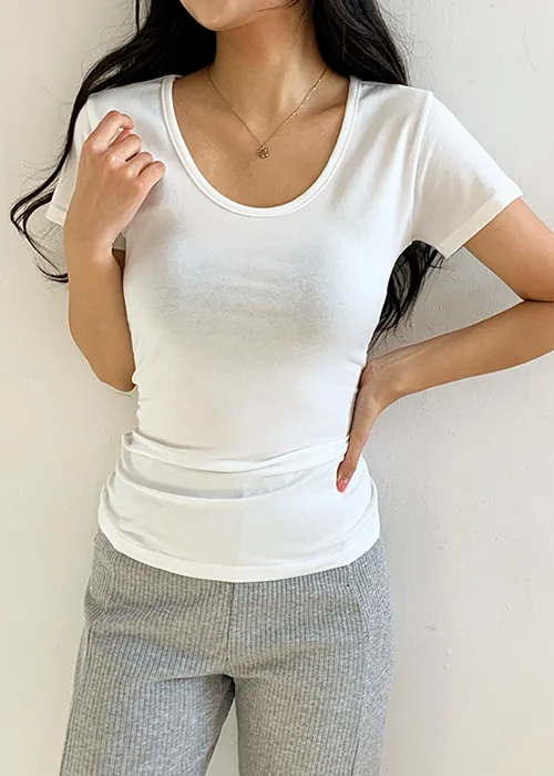 モダール混Uネック半袖スリムTシャツ | 詳細画像1