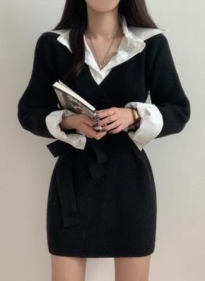 【DINT】♡ベルトセット プリーツワンピース♡ ベルト付配色カラーニットプリーツミニワンピース | レディース