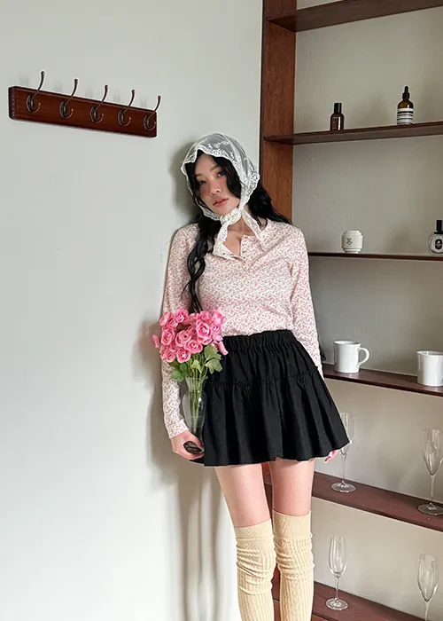 小花柄ヘンリーネックリブTシャツ | 詳細画像1