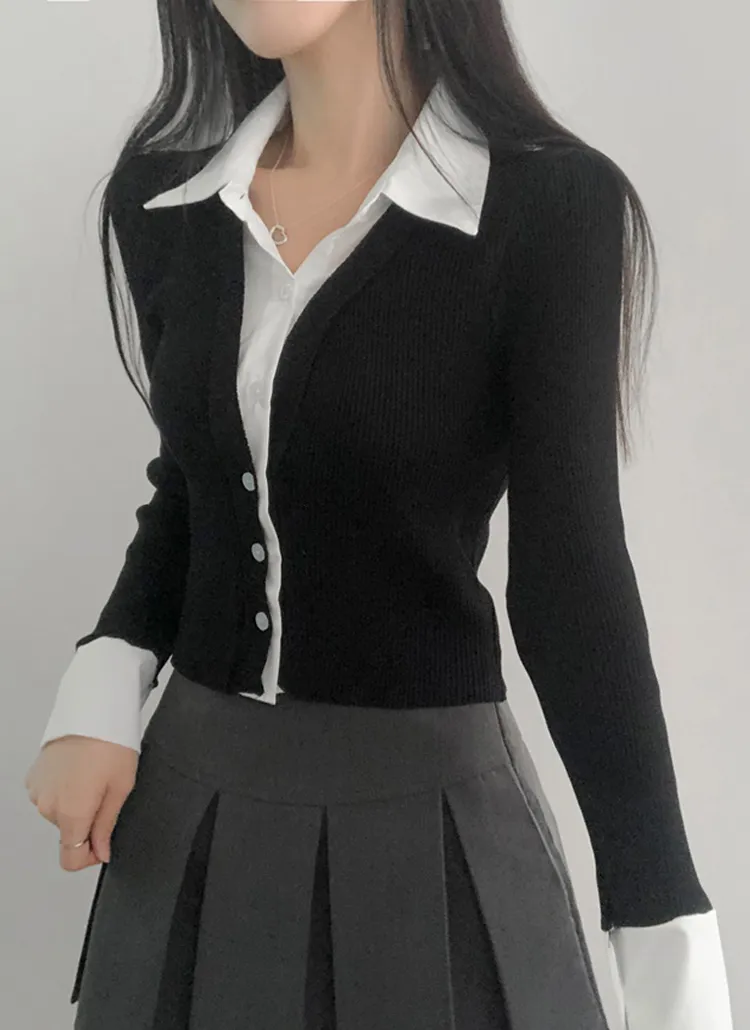 シャツレイヤードカーディガン風ニット | lilisense | 詳細画像1