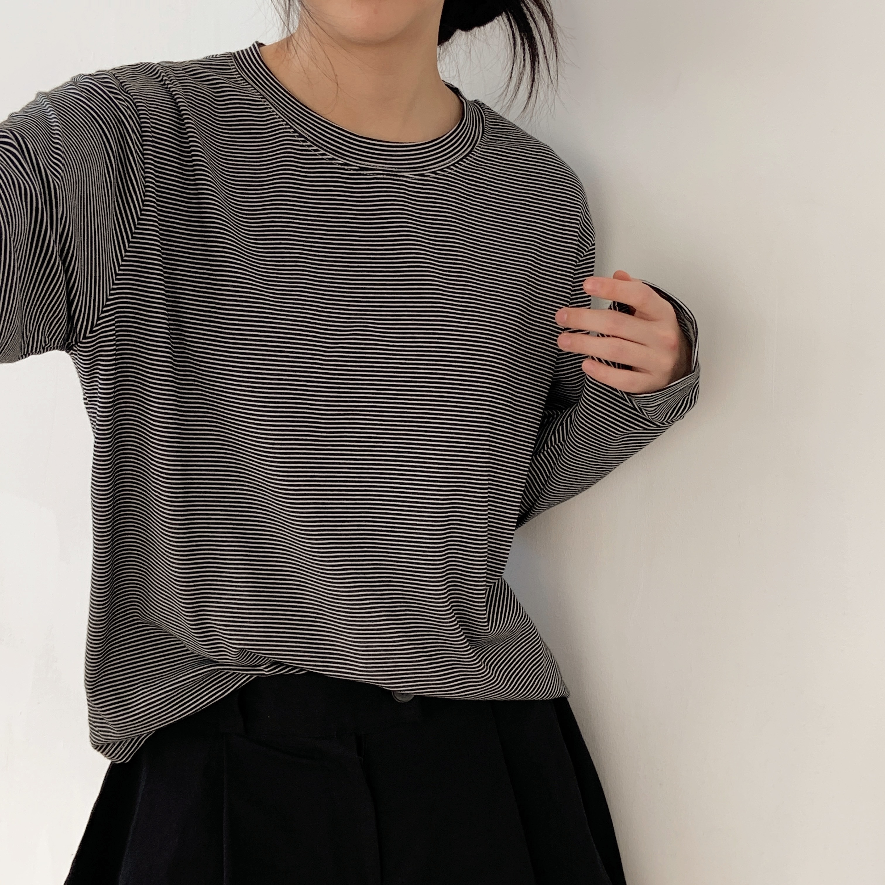 ラウンドネックボーダールーズ長袖Tシャツ | 詳細画像12