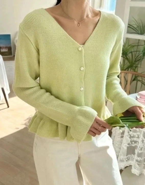 パール調ボタンフリルヘムカーディガン | 詳細画像1