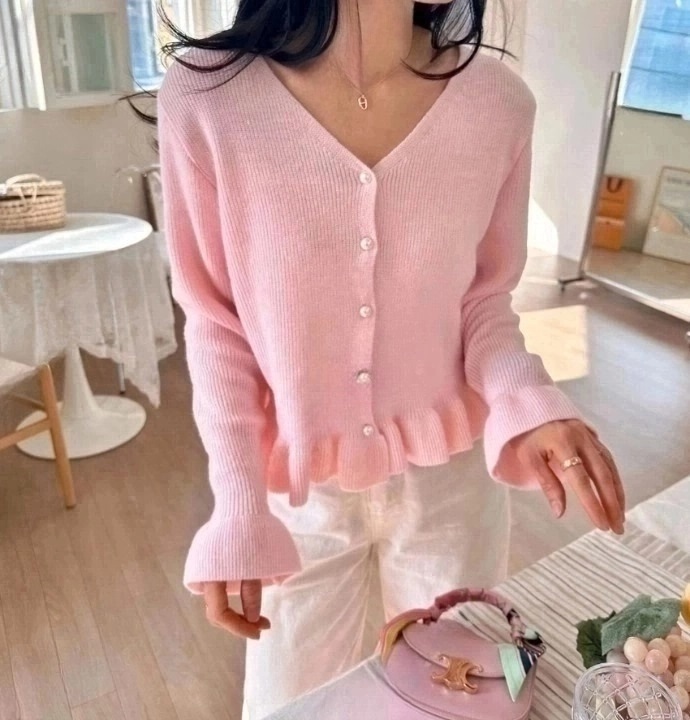 パール調ボタンフリルヘムカーディガン | 詳細画像7