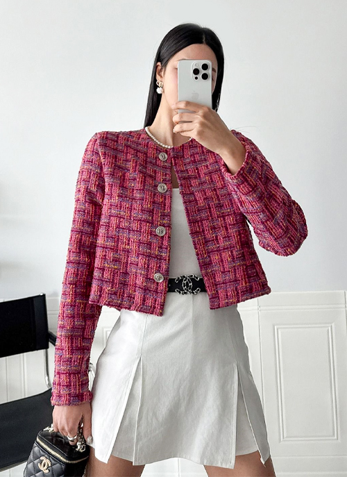 アンミヌ　チェックツイードジャケット ピンク ミックスカラーチェックツイードジャケット | レディースファッション