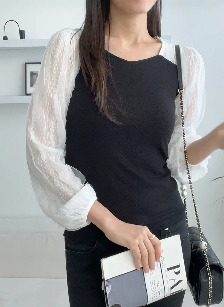 シフォンパフダイアネックリブTシャツ | 詳細画像1