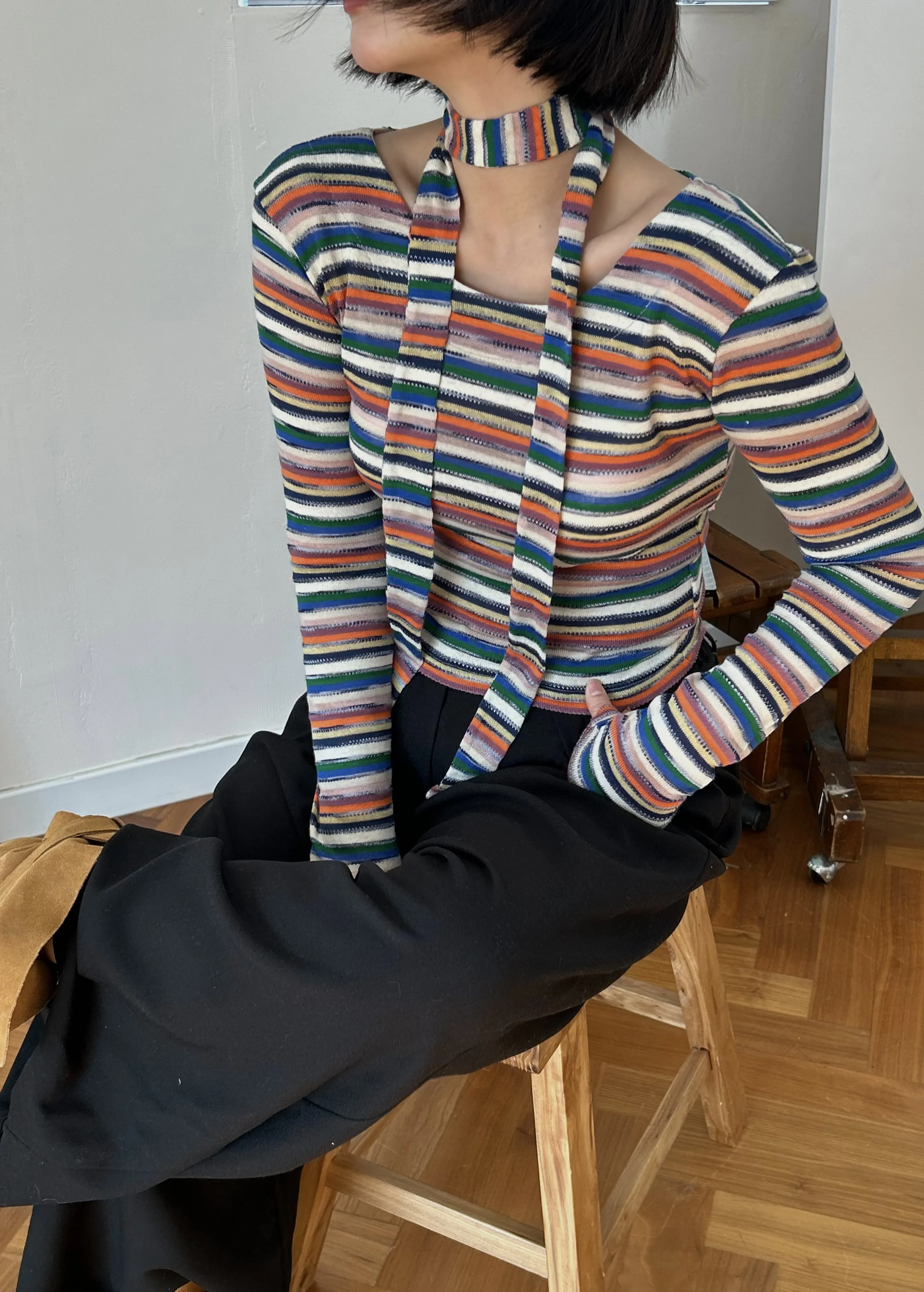 ストラップ付ボートネックマルチボーダーTシャツ | 詳細画像1