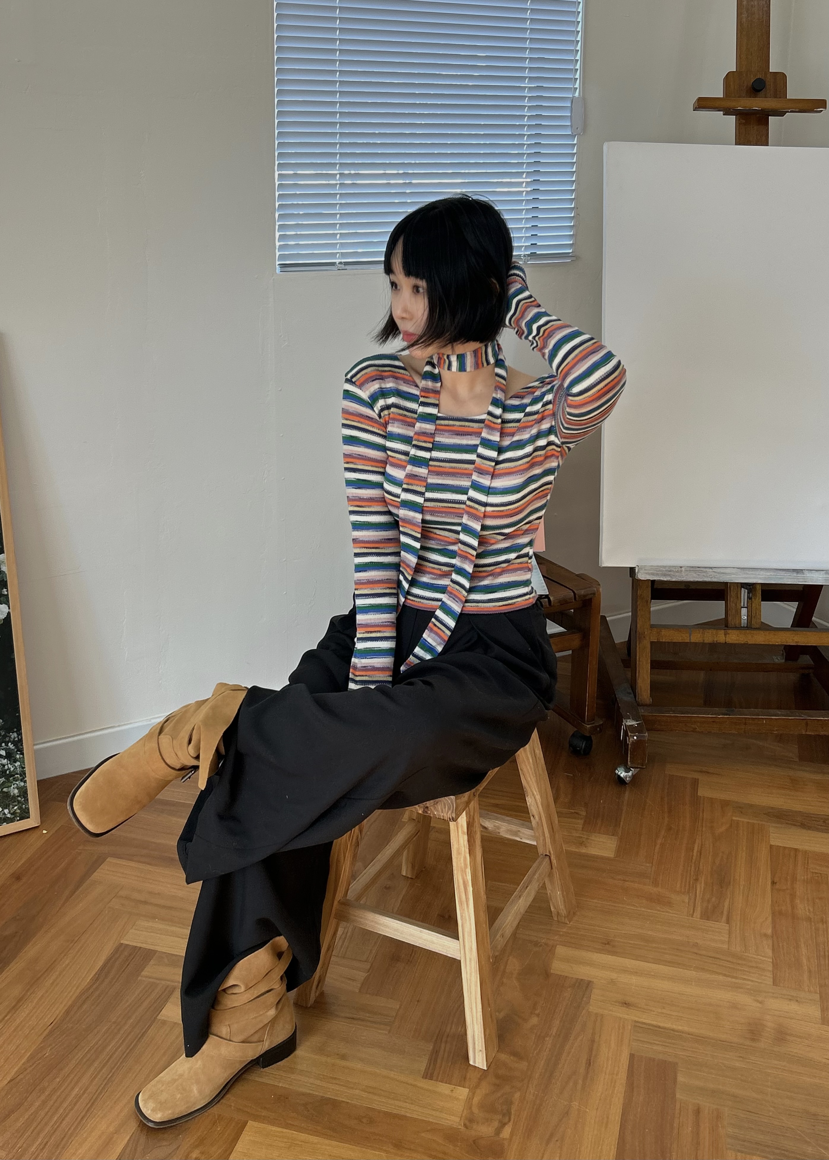 ストラップ付ボートネックマルチボーダーTシャツ | 詳細画像3