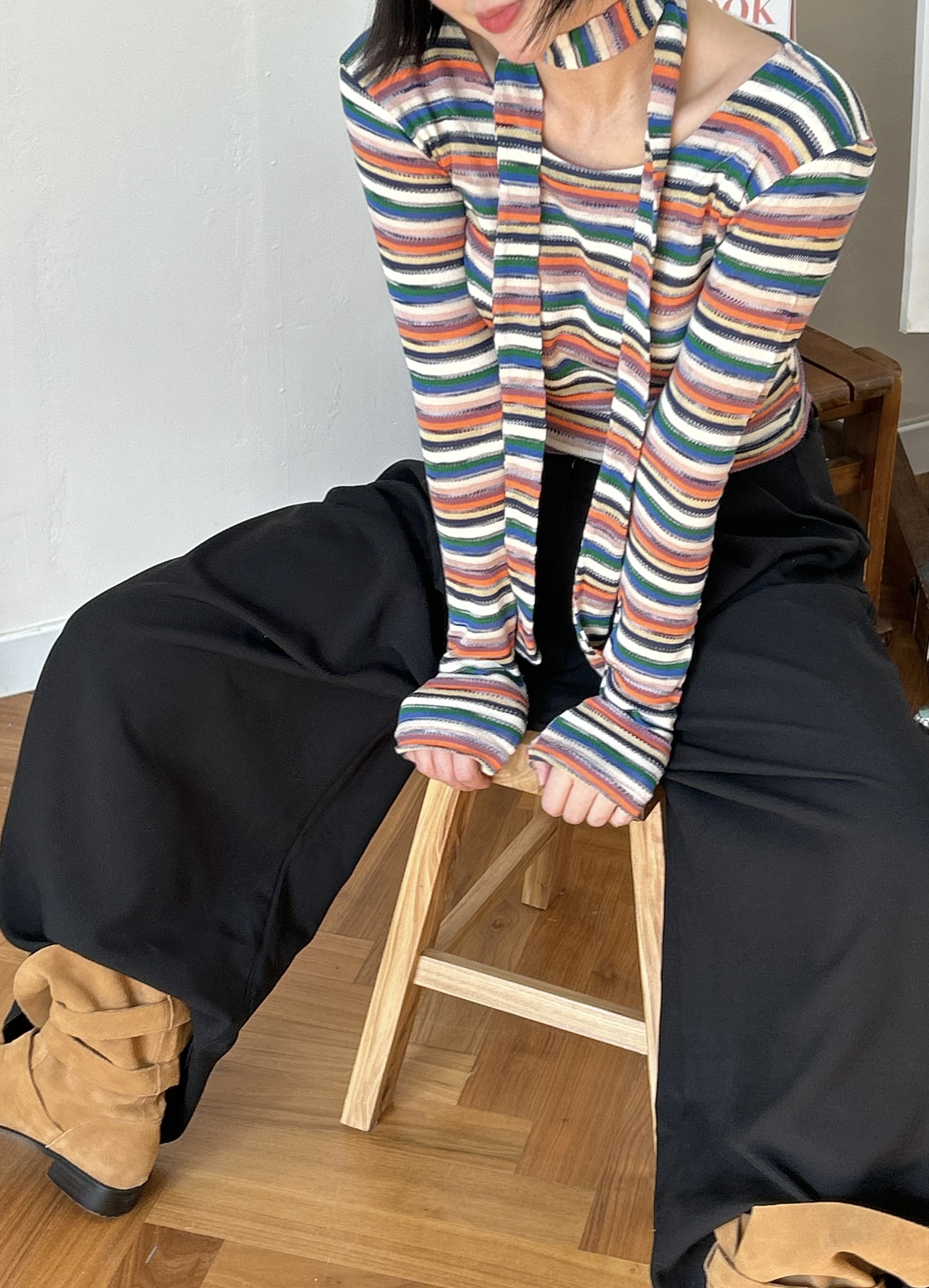 ストラップ付ボートネックマルチボーダーTシャツ | 詳細画像5