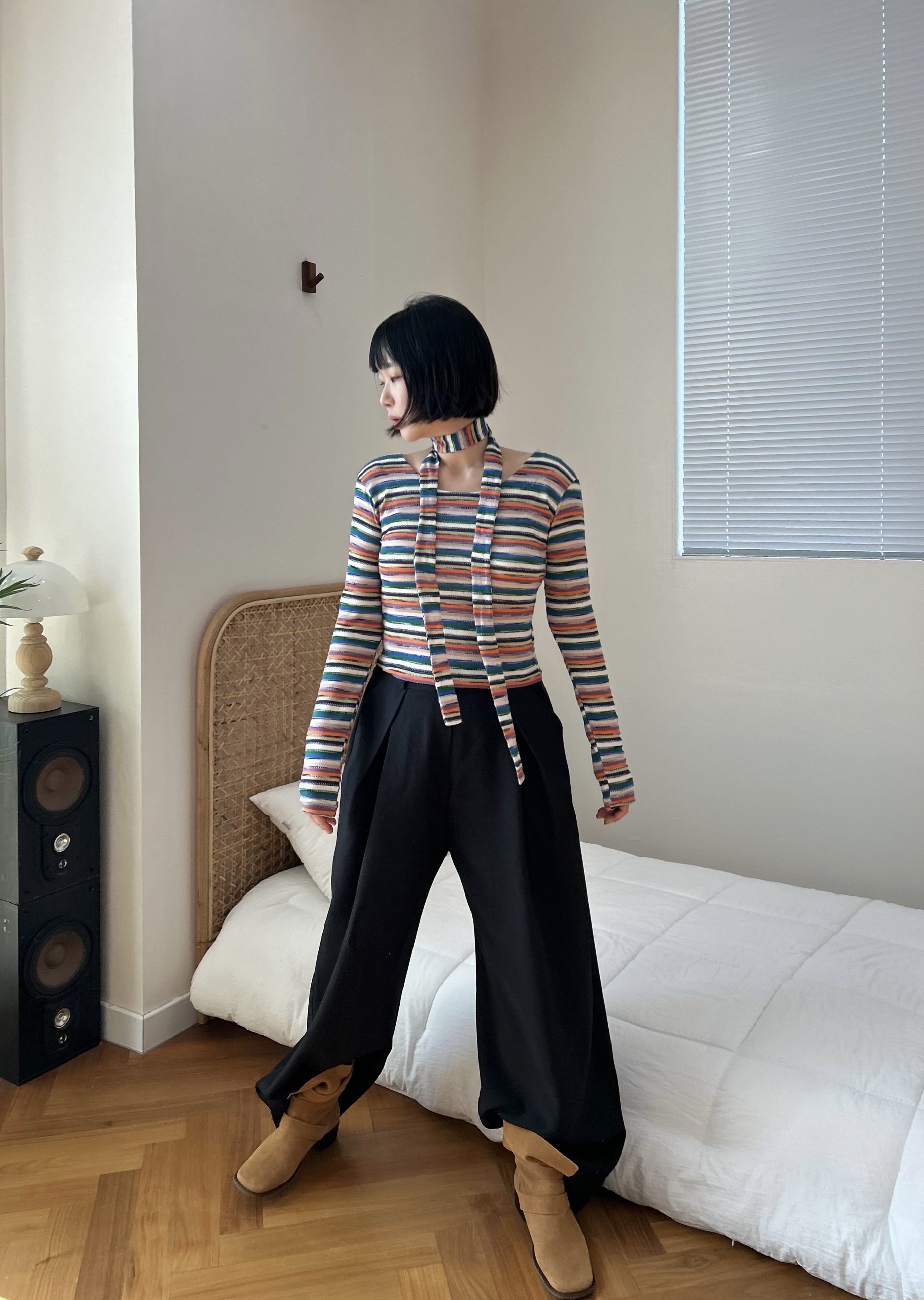 ストラップ付ボートネックマルチボーダーTシャツ | 詳細画像6